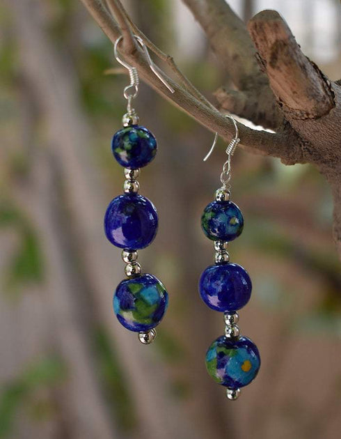 Blue Pottery 3 Beads Earrings (Blue)